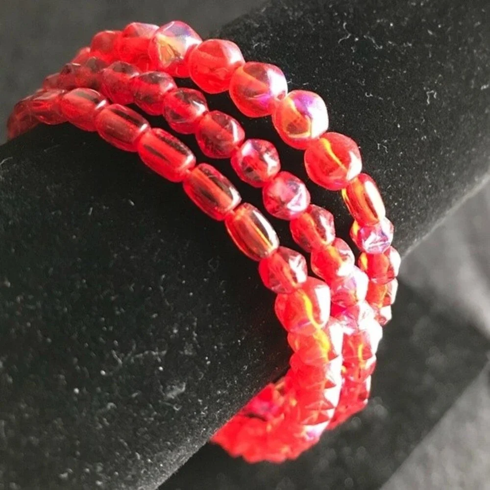 Vintage Handmade Triple Strand Red Aurora Borealis Czech Glass Sterling Clasp